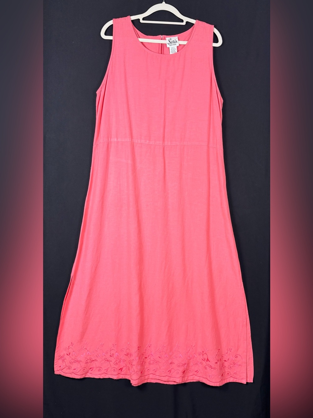 Sarin NY Cotton Linen Blend Pink Midi Dress - Sleeveless Embroidered Hem *as is